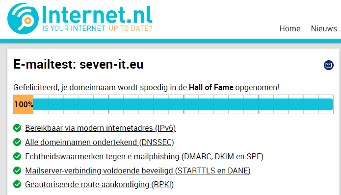 De testuitslag van internet.nl voor het domein seven-it.eu.